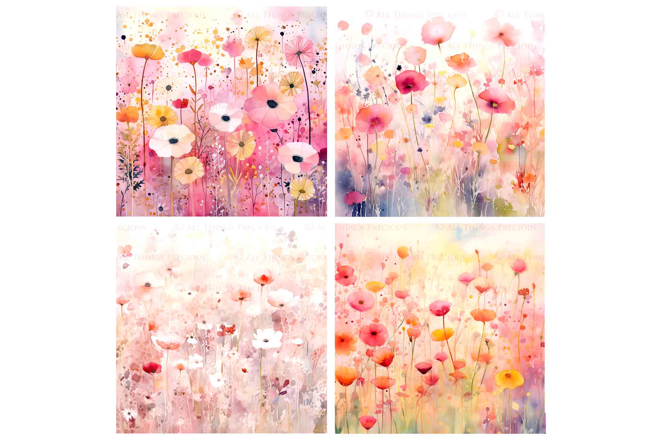 Digital Scrapbooking Papers. Each Paper is 300dpi and 5000 x 5000. High resolution printable background. Wild Flowers watercolour in pastel pink, blue, green. ATP Textures.