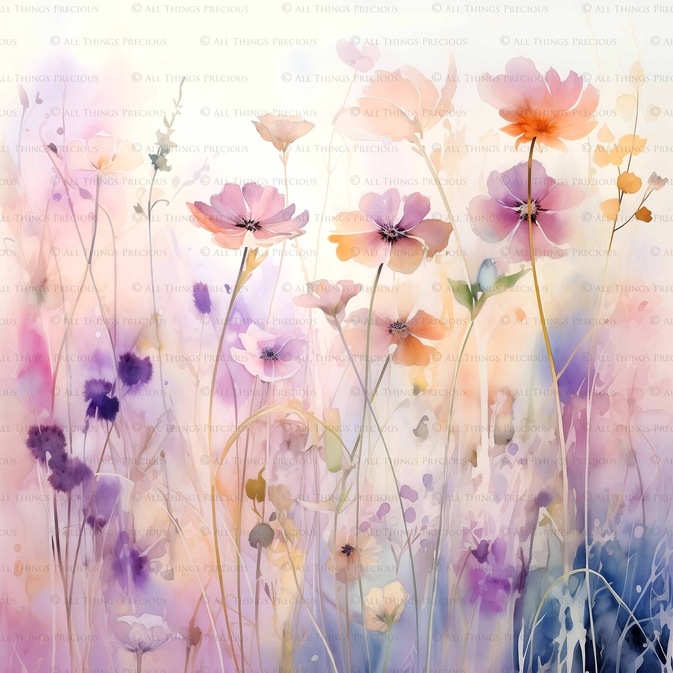 Digital Scrapbooking Papers. Each Paper is 300dpi and 5000 x 5000. High resolution printable background. Wild Flowers watercolour in pastel pink, blue, green. ATP Textures.
