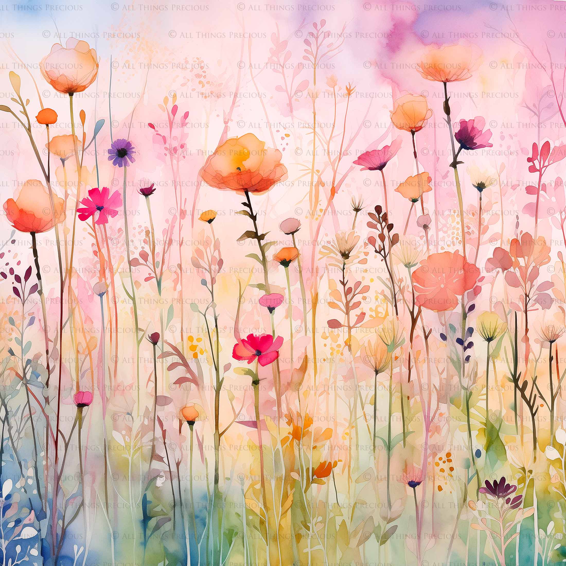 Digital Scrapbooking Papers. Each Paper is 300dpi and 5000 x 5000. High resolution printable background. Wild Flowers watercolour in pastel pink, blue, green. ATP Textures.