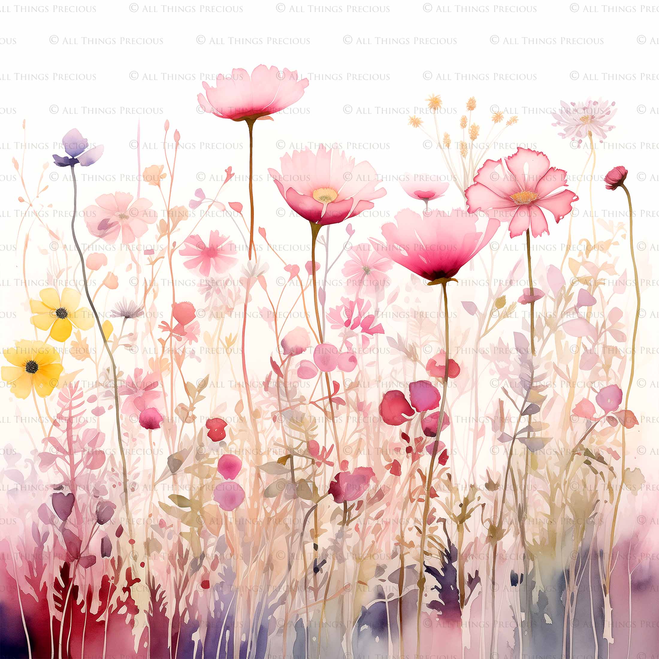 Digital Scrapbooking Papers. Each Paper is 300dpi and 5000 x 5000. High resolution printable background. Wild Flowers watercolour in pastel pink, blue, green. ATP Textures.