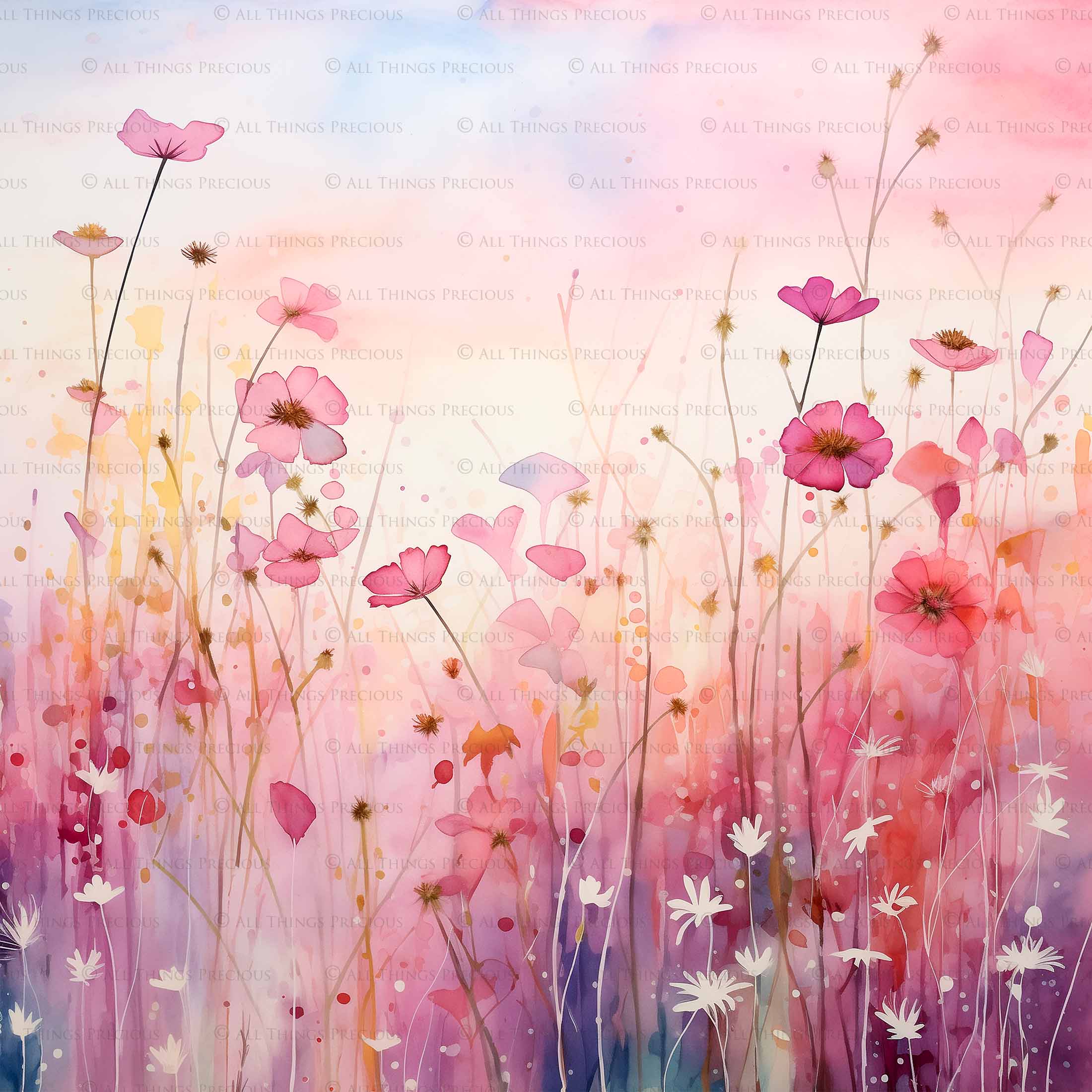 Digital Scrapbooking Papers. Each Paper is 300dpi and 5000 x 5000. High resolution printable background. Wild Flowers watercolour in pastel pink, blue, green. ATP Textures.