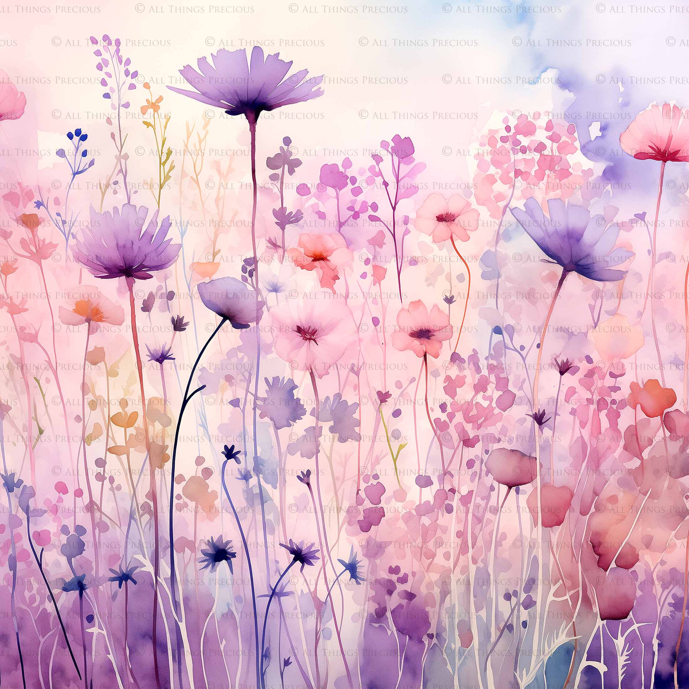 Digital Scrapbooking Papers. Each Paper is 300dpi and 5000 x 5000. High resolution printable background. Wild Flowers watercolour in pastel pink, blue, green. ATP Textures.