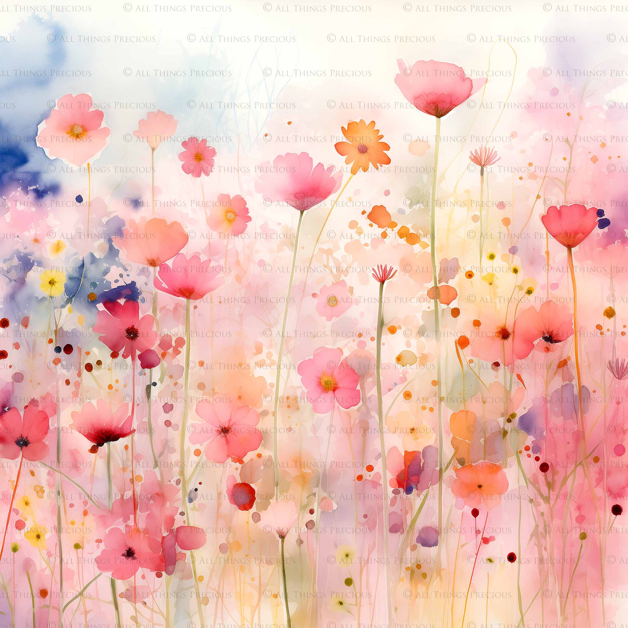 Digital Scrapbooking Papers. Each Paper is 300dpi and 5000 x 5000. High resolution printable background. Wild Flowers watercolour in pastel pink, blue, green. ATP Textures.