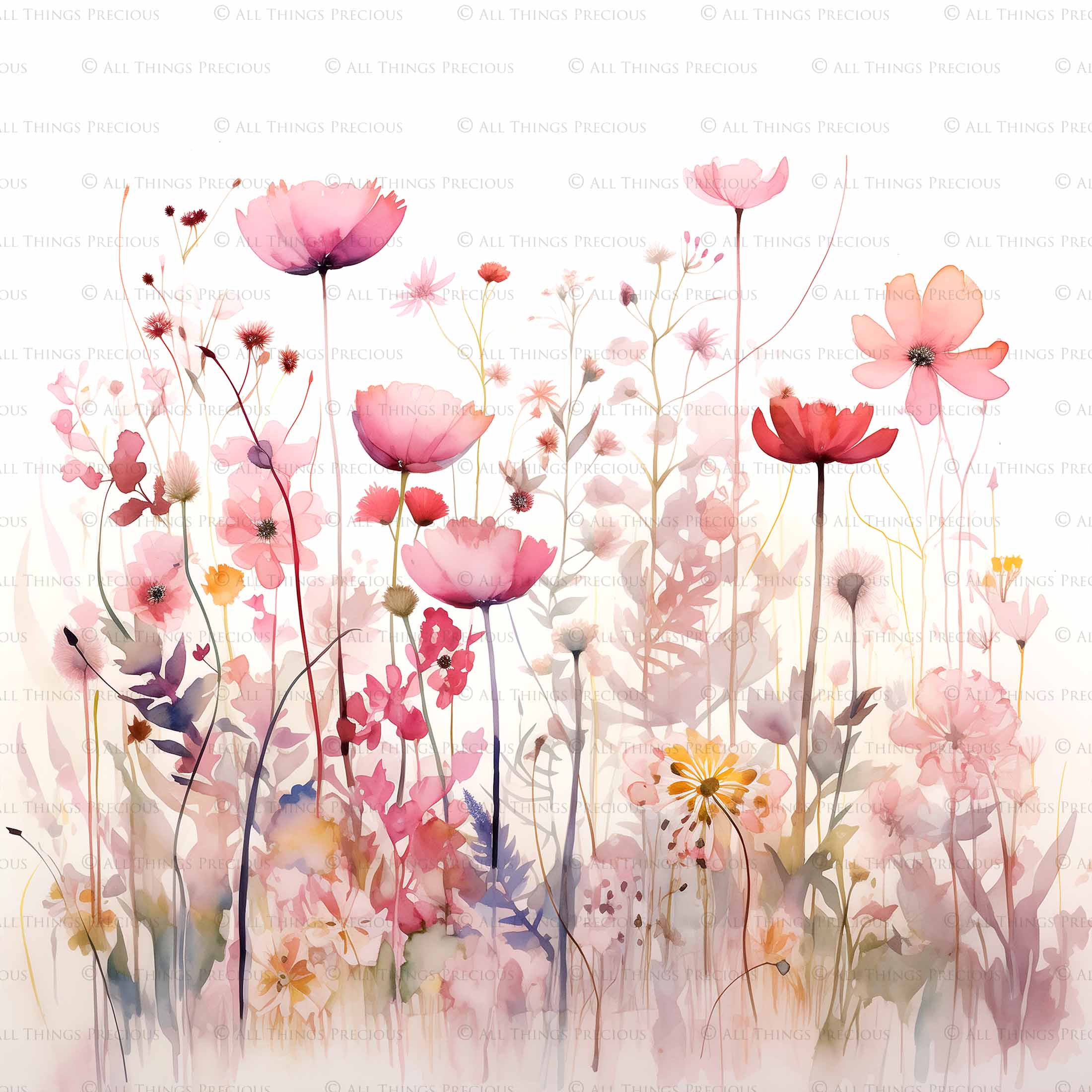 Digital Scrapbooking Papers. Each Paper is 300dpi and 5000 x 5000. High resolution printable background. Wild Flowers watercolour in pastel pink, blue, green. ATP Textures.