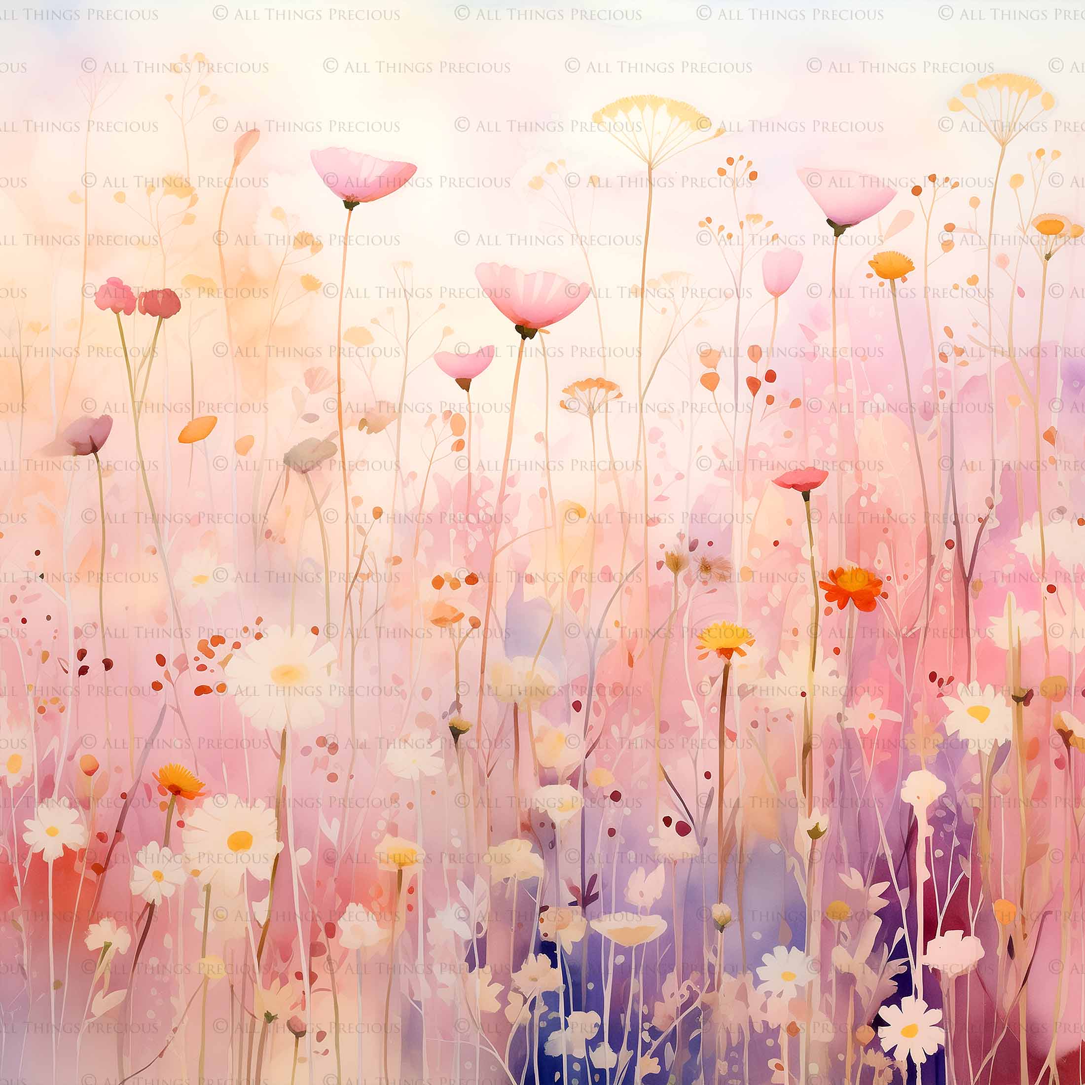 Digital Scrapbooking Papers. Each Paper is 300dpi and 5000 x 5000. High resolution printable background. Wild Flowers watercolour in pastel pink, blue, green. ATP Textures.