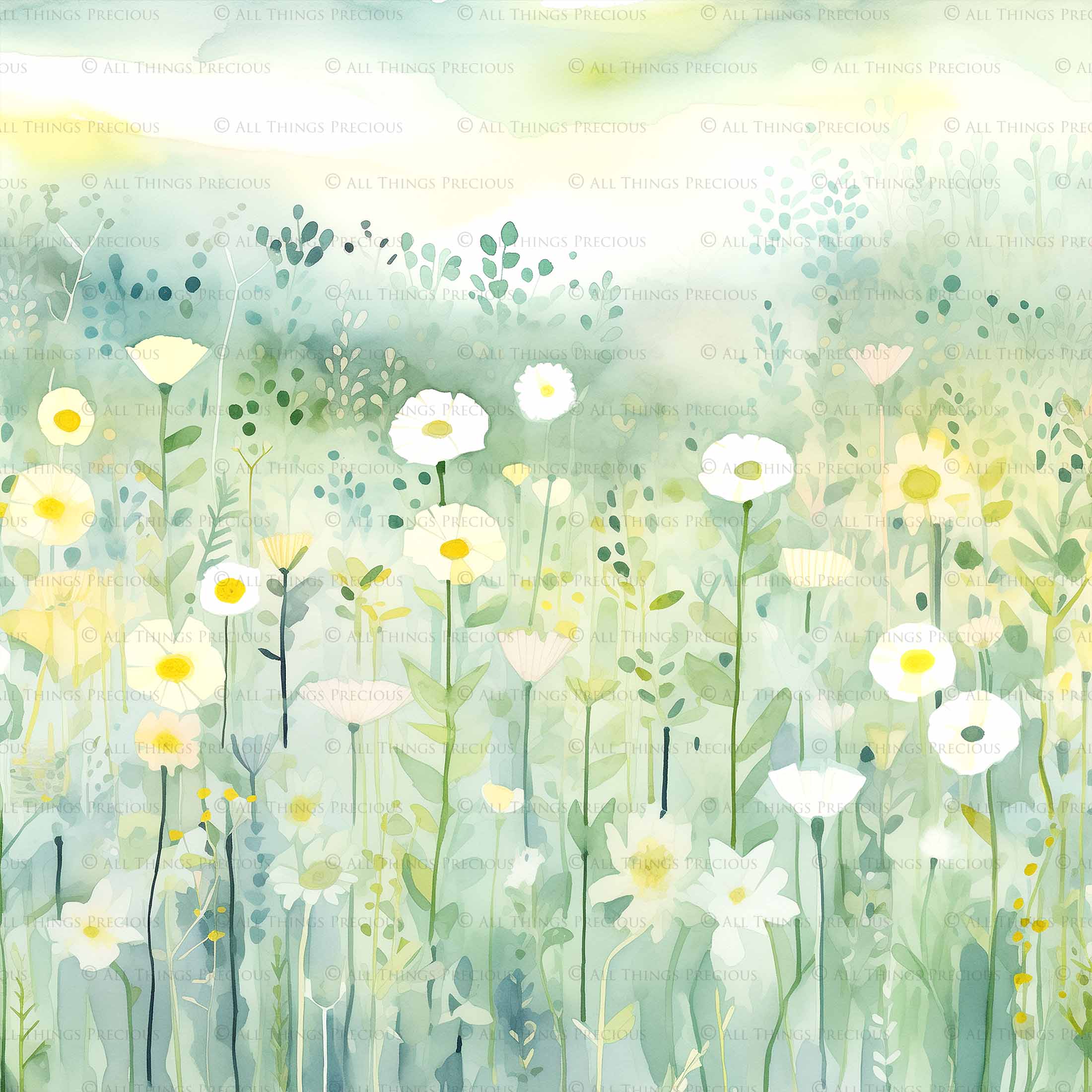 Digital Scrapbooking Papers. Each Paper is 300dpi and 5000 x 5000. High resolution printable background. Wild Flowers watercolour in pastel pink, blue, green. ATP Textures.