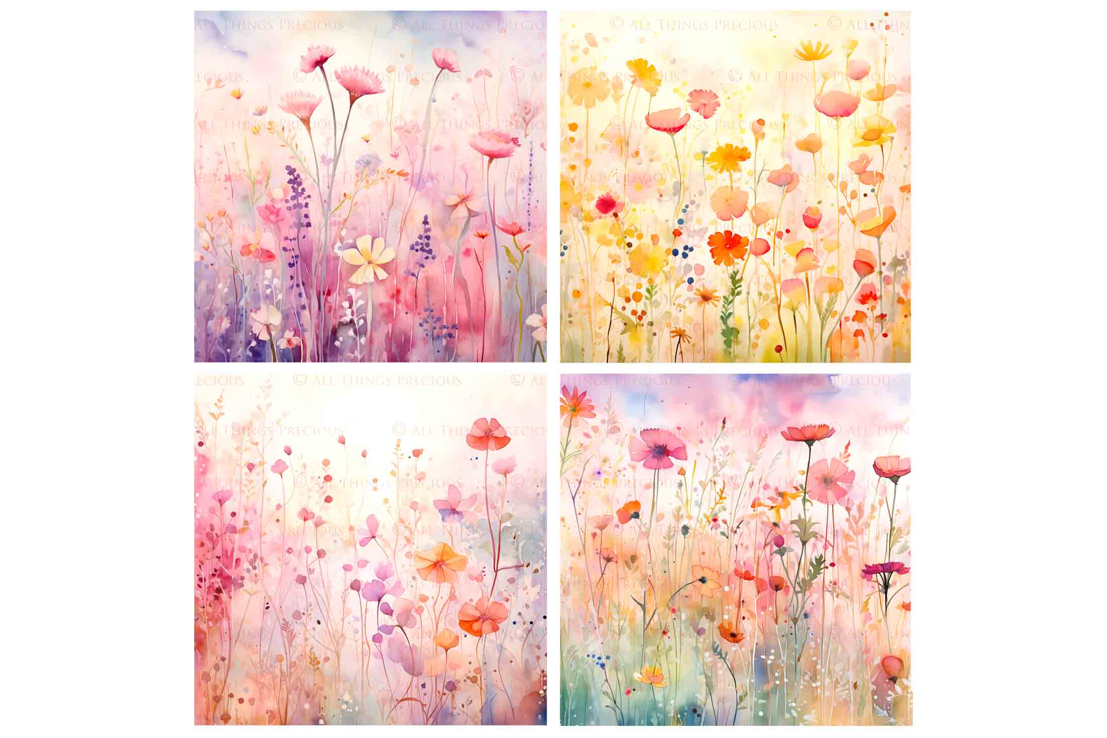 Digital Scrapbooking Papers. Each Paper is 300dpi and 5000 x 5000. High resolution printable background. Wild Flowers watercolour in pastel pink, blue, green. ATP Textures.