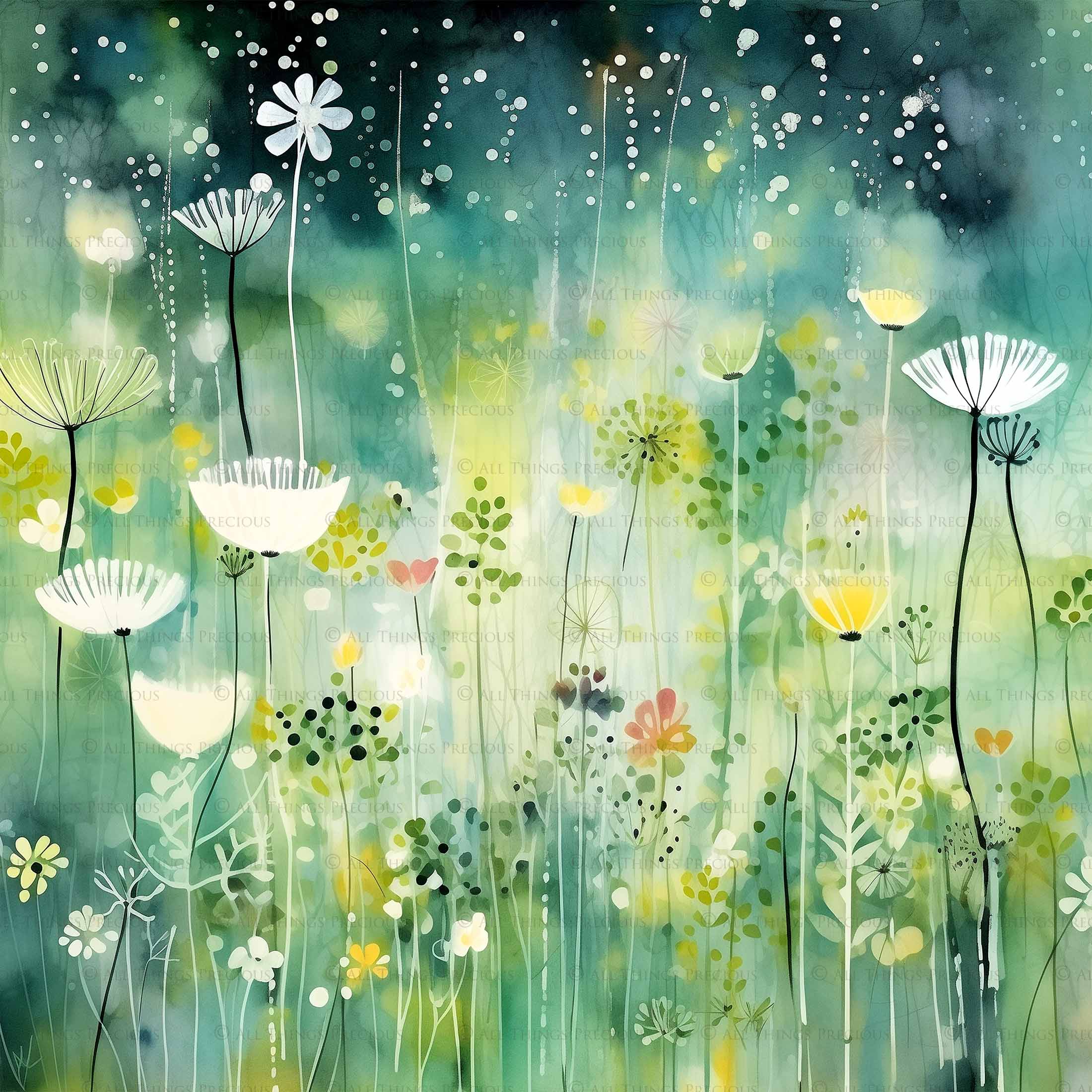 Digital Scrapbooking Papers. Each Paper is 300dpi and 5000 x 5000. High resolution printable background. Wild Flowers watercolour in pastel pink, blue, green. ATP Textures.