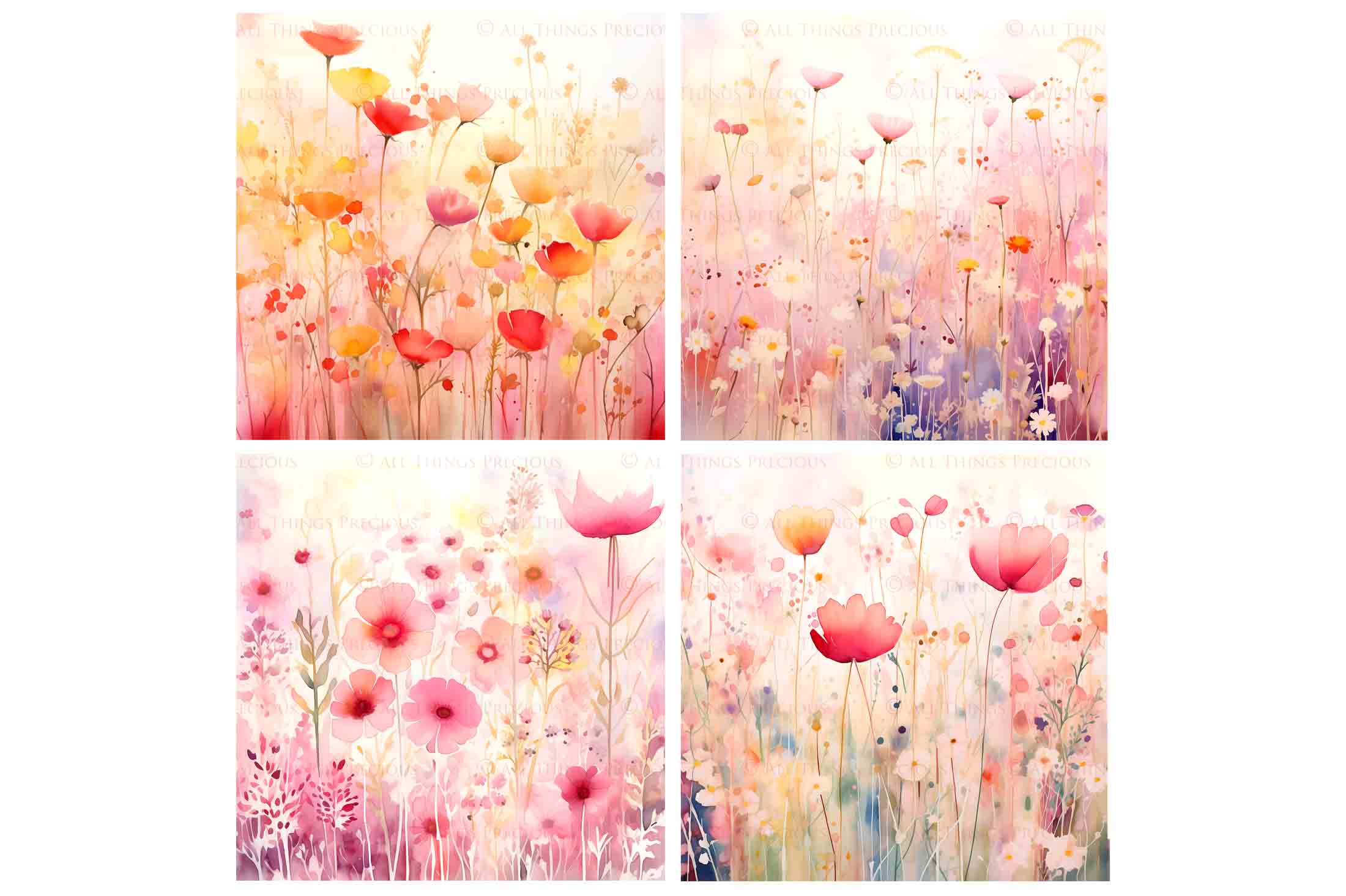 Digital Scrapbooking Papers. Each Paper is 300dpi and 5000 x 5000. High resolution printable background. Wild Flowers watercolour in pastel pink, blue, green. ATP Textures.