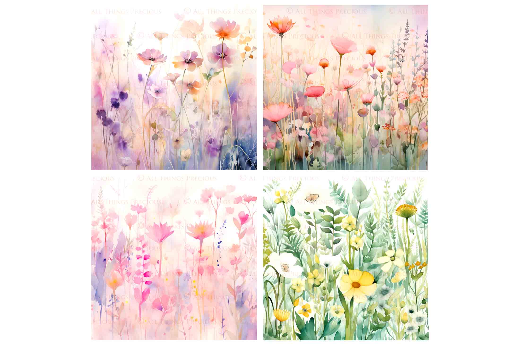 Digital Scrapbooking Papers. Each Paper is 300dpi and 5000 x 5000. High resolution printable background. Wild Flowers watercolour in pastel pink, blue, green. ATP Textures.