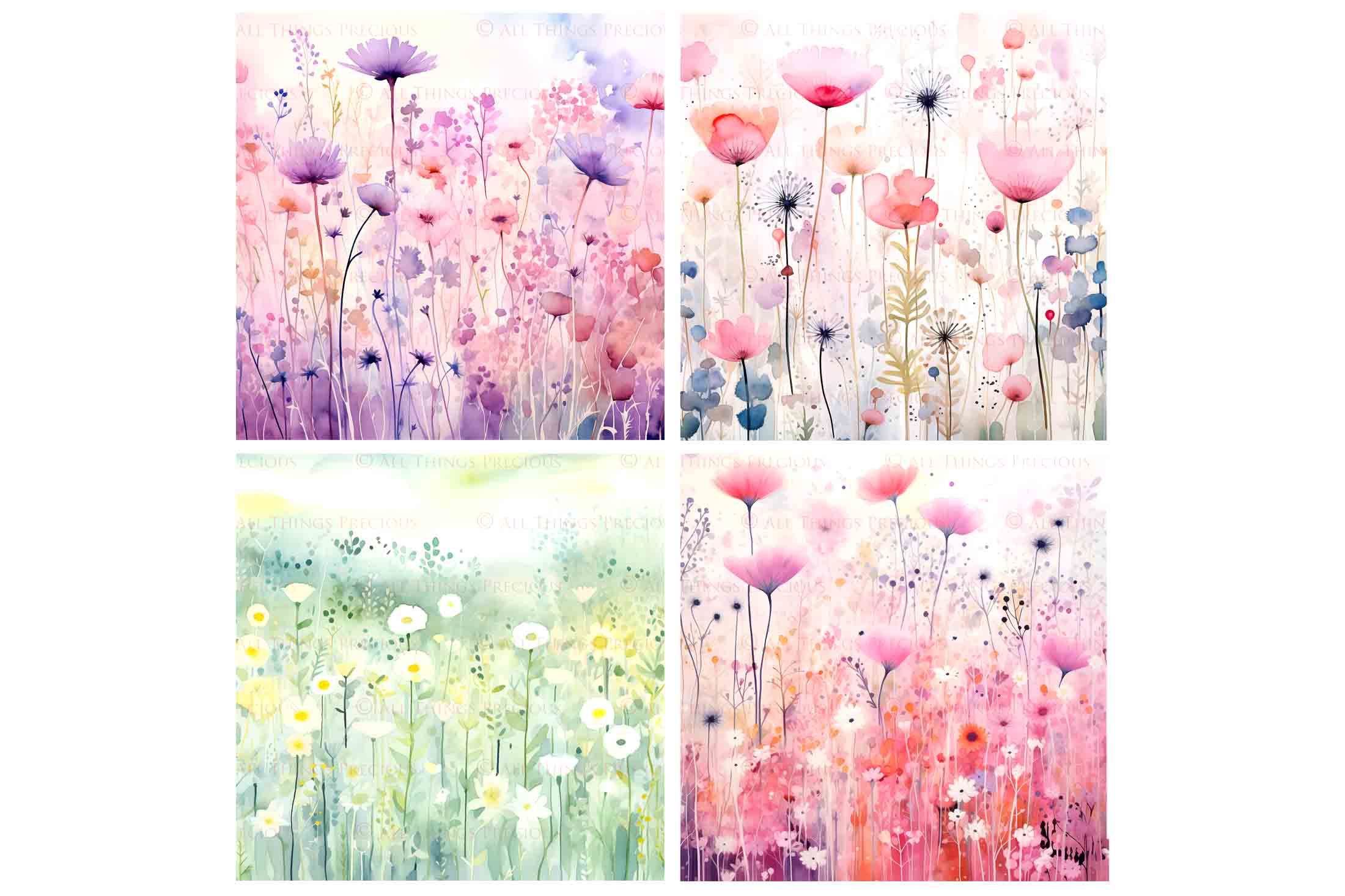Digital Scrapbooking Papers. Each Paper is 300dpi and 5000 x 5000. High resolution printable background. Wild Flowers watercolour in pastel pink, blue, green. ATP Textures.