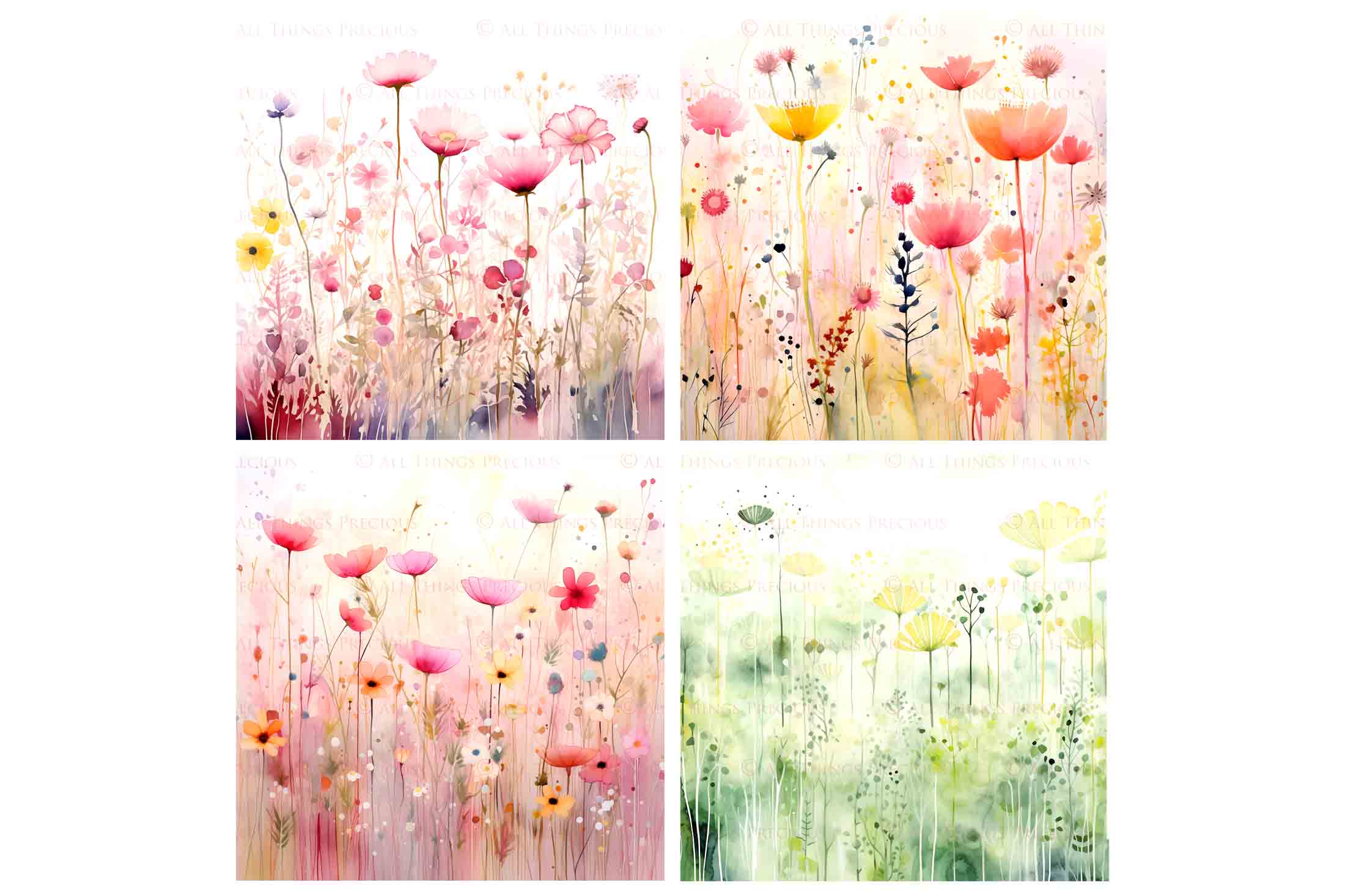 Digital Scrapbooking Papers. Each Paper is 300dpi and 5000 x 5000. High resolution printable background. Wild Flowers watercolour in pastel pink, blue, green. ATP Textures.