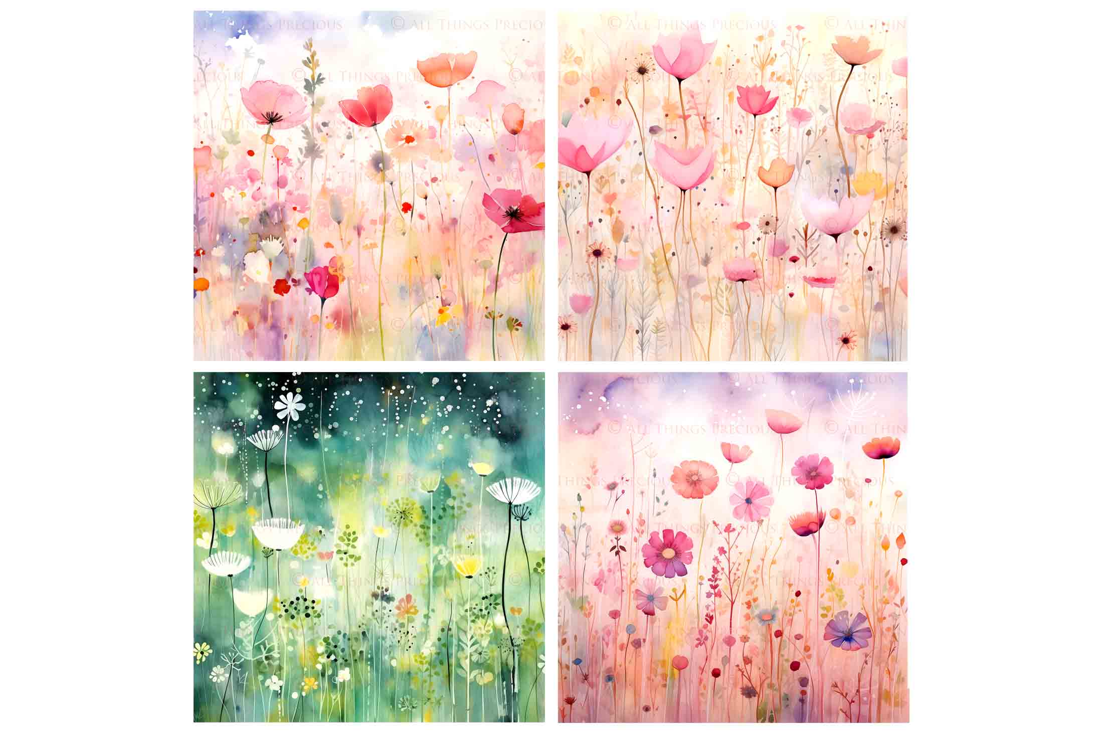 Digital Scrapbooking Papers. Each Paper is 300dpi and 5000 x 5000. High resolution printable background. Wild Flowers watercolour in pastel pink, blue, green. ATP Textures.