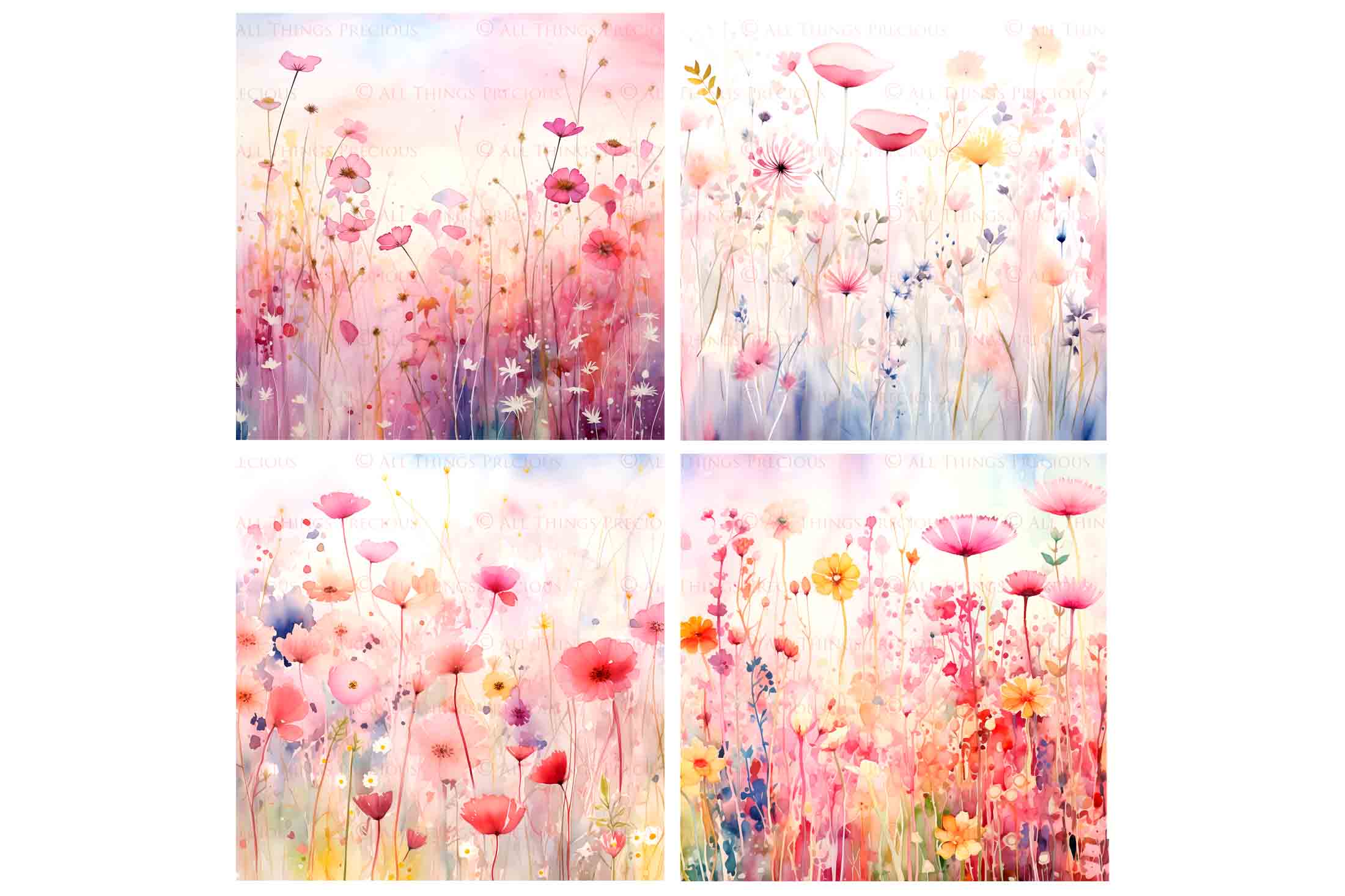 Digital Scrapbooking Papers. Each Paper is 300dpi and 5000 x 5000. High resolution printable background. Wild Flowers watercolour in pastel pink, blue, green. ATP Textures.