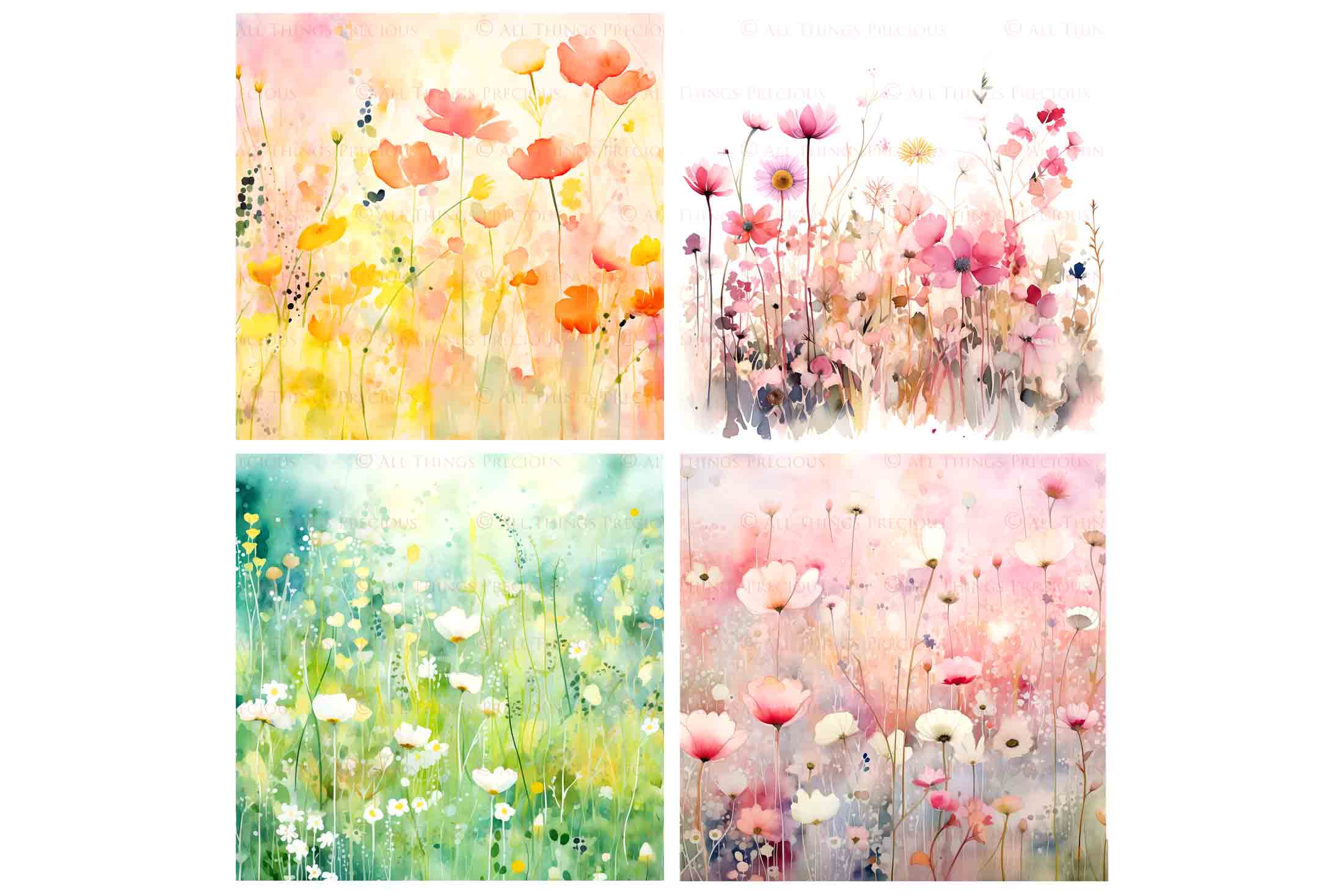 Digital Scrapbooking Papers. Each Paper is 300dpi and 5000 x 5000. High resolution printable background. Wild Flowers watercolour in pastel pink, blue, green. ATP Textures.