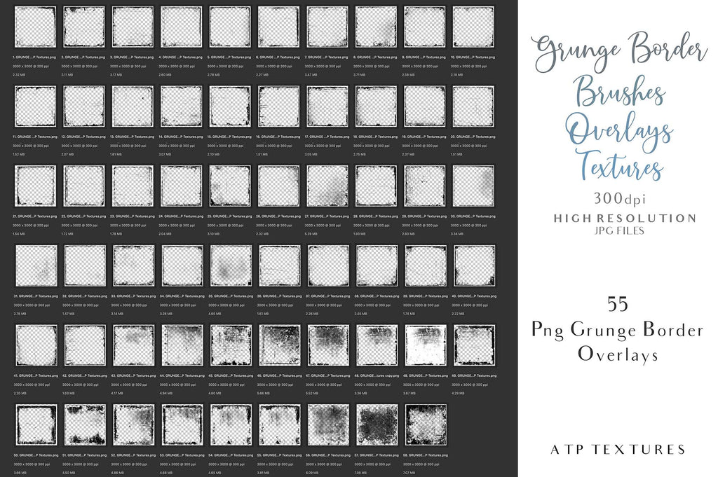 Photography Overlays & Photoshop Brushes. 300dpi, high resolution. Grungy frames, Png clipart, Jpeg overlays Photographer editing graphic assets. ATP Textures.