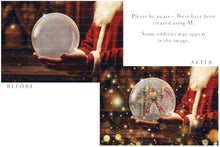 Load image into Gallery viewer, Digital Snow Globe Background. Png snow and glow overlays with PSD Template. The globe is transparent, perfect for adding your own images and retain the glass effect. Nutcracker Mouse Christmas. The file is 6000 x 4000, 300dpi. Png Included. Use for Xmas edits, Photography, Card Crafts, Scrapbooking. ATP Textures
