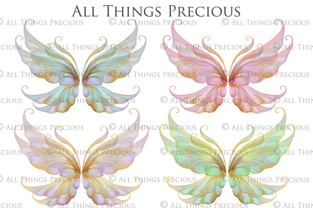 Colour Sparkling fairy wings, Png overlays for photoshop. High resolution transparent, see through wings. Fairycore, Cosplay, Photographers, Photoshop Edits, Digital overlay for photography. Digital stock and resources. Graphic design. Colourful, Gold, Fantasy Wing Bundle. Assets for Fine Art design. By ATP Textures