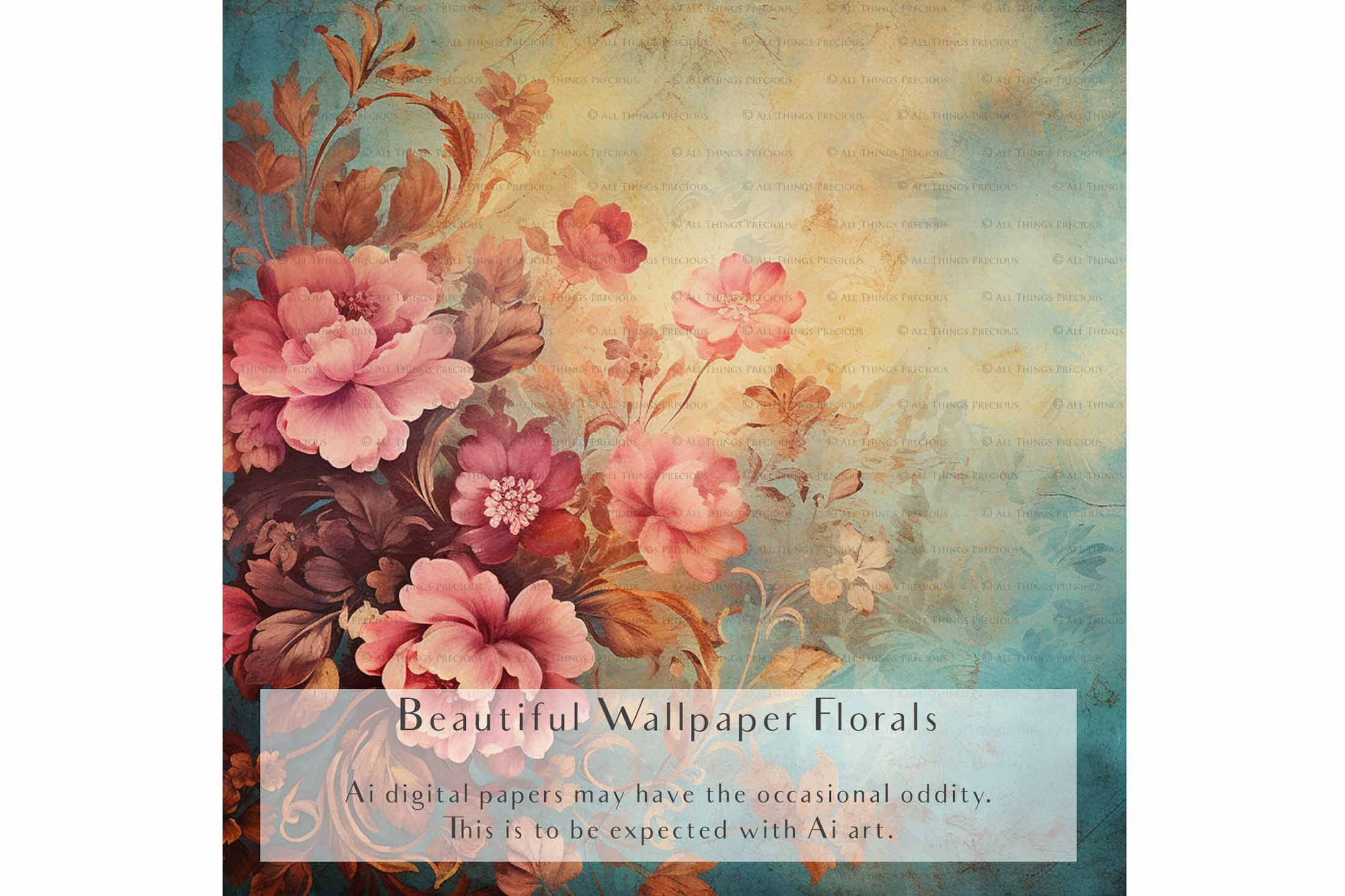 Digital Scrapbooking Papers. Each Paper is 300dpi and 4000 x 4000.These are in Jpeg format and high resolution. These files average between 4MB to 7MB each. This is a digital product. Floral Grunge Wallpaper in Soft Blue, green and pink colours. ATP Textures