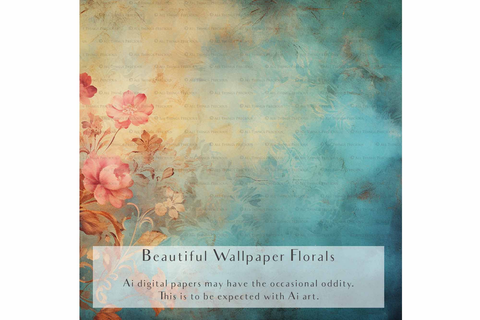 Digital Scrapbooking Papers. Each Paper is 300dpi and 4000 x 4000.These are in Jpeg format and high resolution. These files average between 4MB to 7MB each. This is a digital product. Floral Grunge Wallpaper in Soft Blue, green and pink colours. ATP Textures