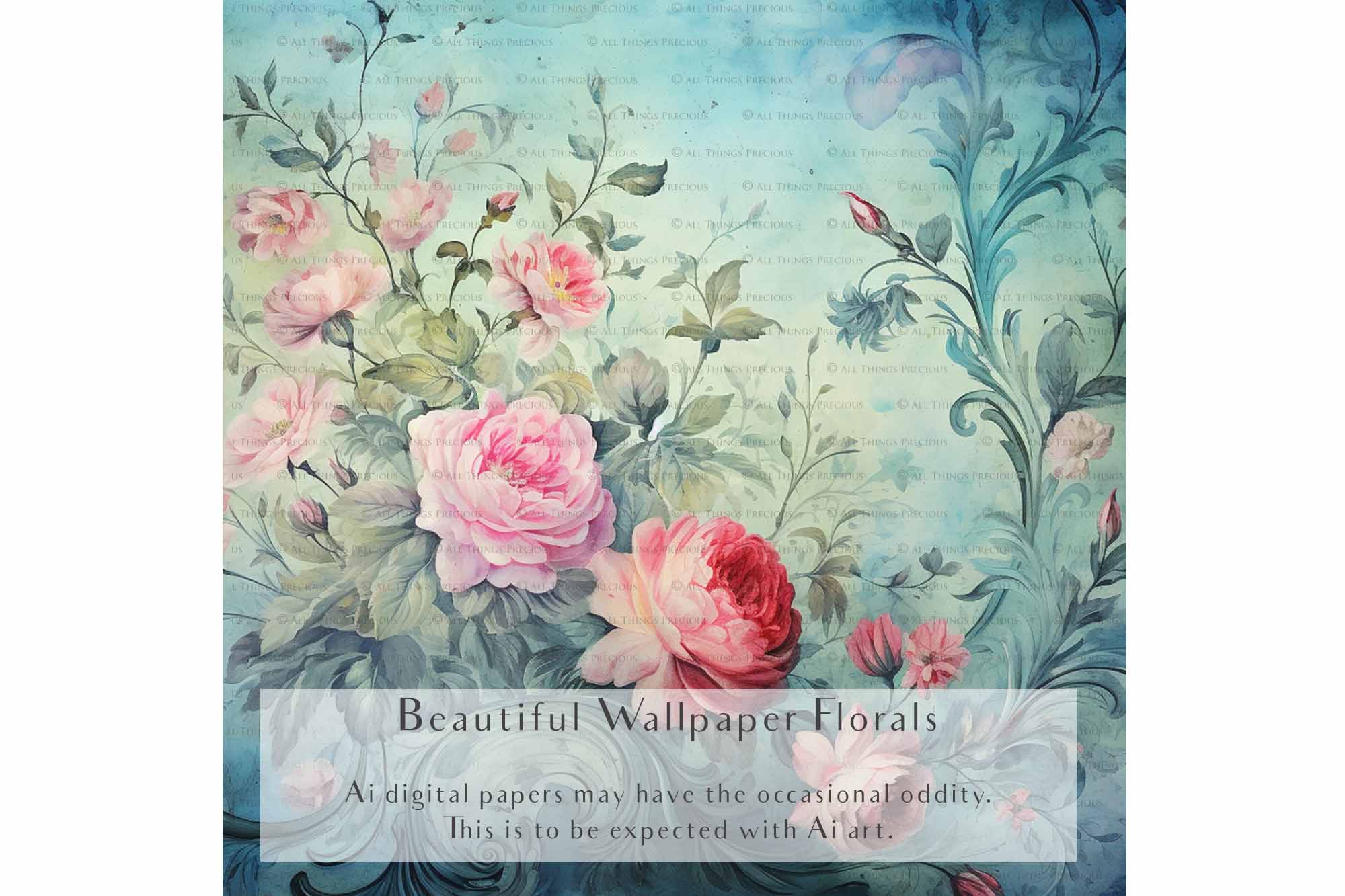 Digital Scrapbooking Papers. Each Paper is 300dpi and 4000 x 4000.These are in Jpeg format and high resolution. These files average between 4MB to 7MB each. This is a digital product. Floral Grunge Wallpaper in Soft Blue, green and pink colours. ATP Textures