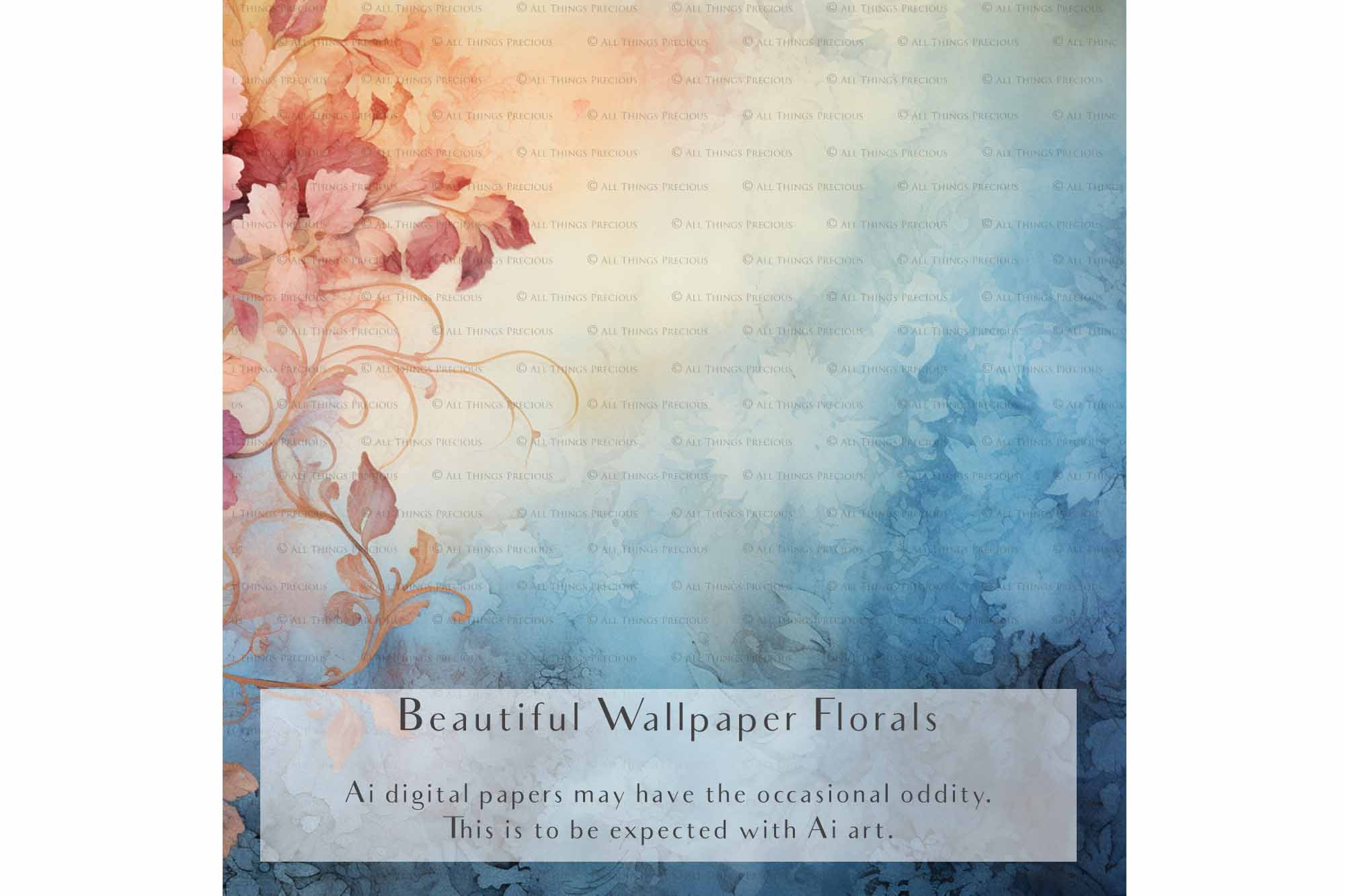 Digital Scrapbooking Papers. Each Paper is 300dpi and 4000 x 4000.These are in Jpeg format and high resolution. These files average between 4MB to 7MB each. This is a digital product. Floral Grunge Wallpaper in Soft Blue, green and pink colours. ATP Textures