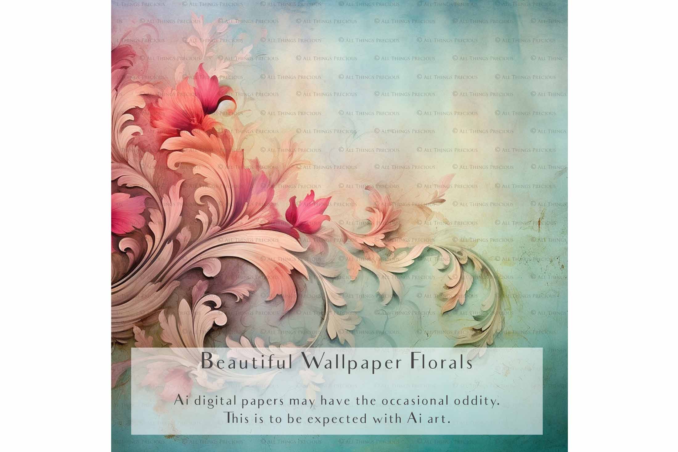 Digital Scrapbooking Papers. Each Paper is 300dpi and 4000 x 4000.These are in Jpeg format and high resolution. These files average between 4MB to 7MB each. This is a digital product. Floral Grunge Wallpaper in Soft Blue, green and pink colours. ATP Textures