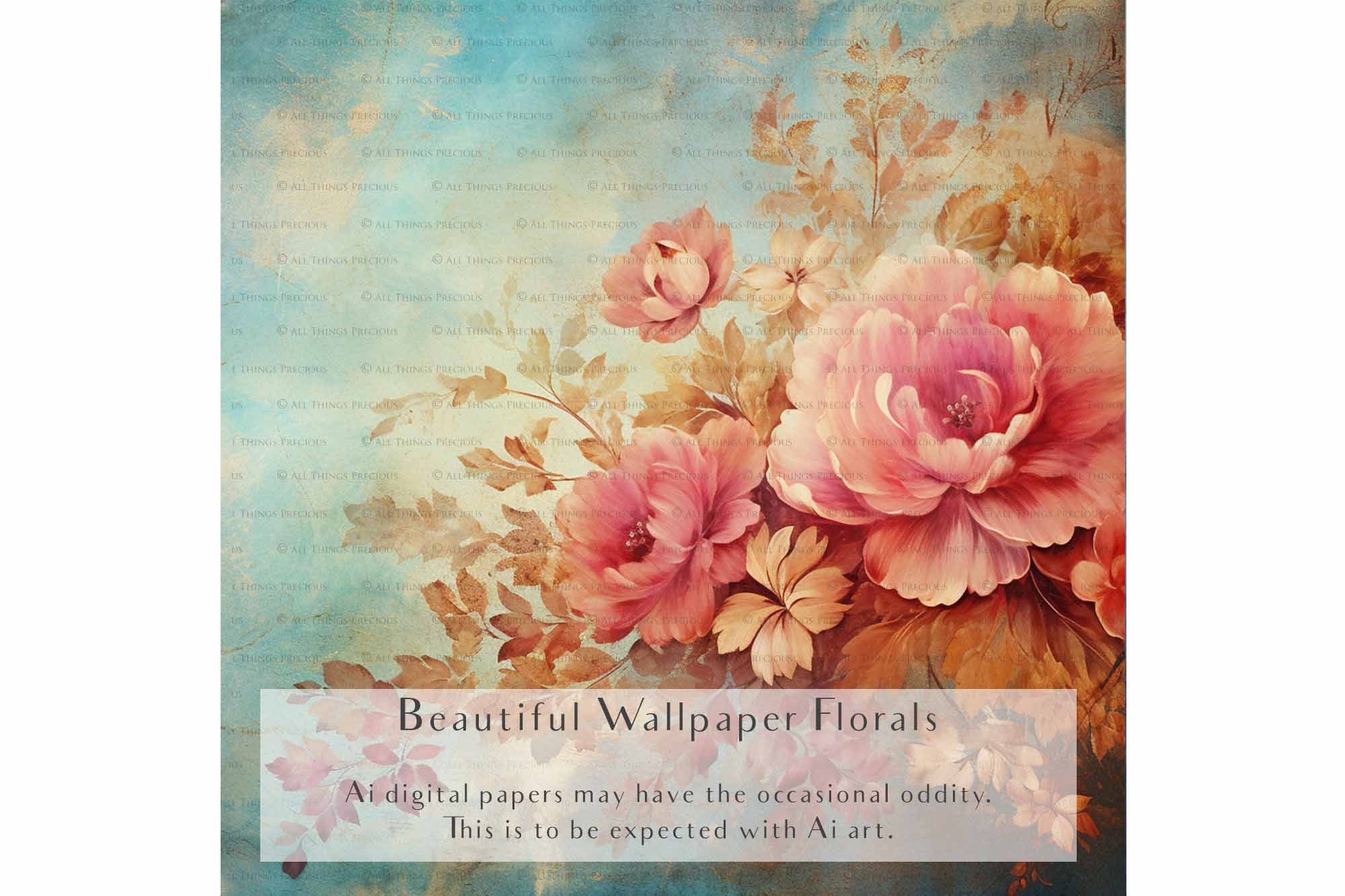 Digital Scrapbooking Papers. Each Paper is 300dpi and 4000 x 4000.These are in Jpeg format and high resolution. These files average between 4MB to 7MB each. This is a digital product. Floral Grunge Wallpaper in Soft Blue, green and pink colours. ATP Textures