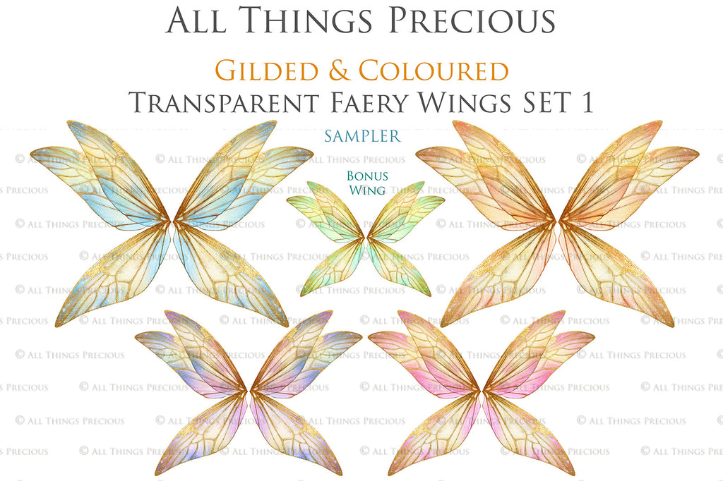 Colour Sparkling fairy wings, Png overlays for photoshop. High resolution transparent, see through wings. Fairycore, Cosplay, Photographers, Photoshop Edits, Digital overlay for photography. Digital stock and resources. Graphic design. Colourful, Gold, Fantasy Wing Bundle. Assets for Fine Art design. By ATP Textures