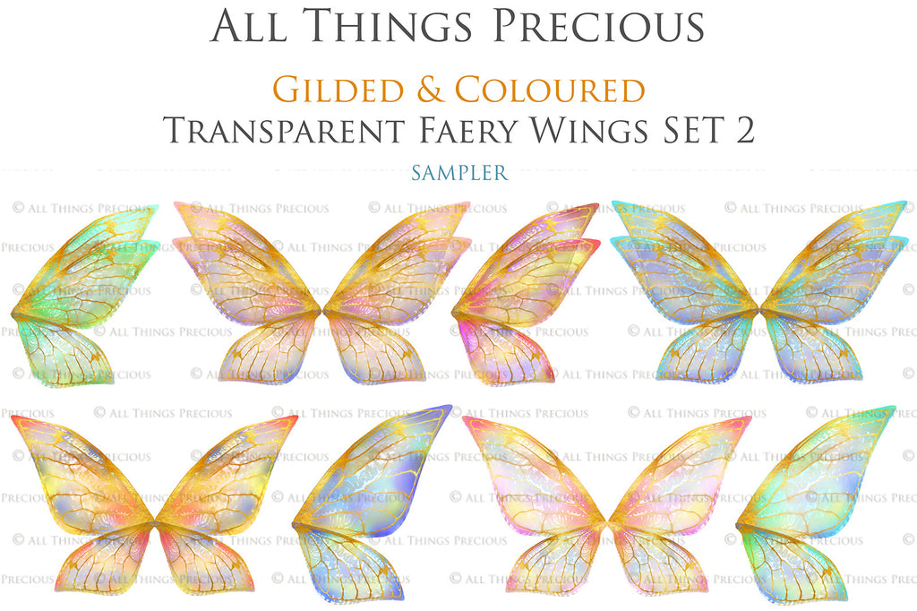 Colour Sparkling fairy wings, Png overlays for photoshop. High resolution transparent, see through wings. Fairycore, Cosplay, Photographers, Photoshop Edits, Digital overlay for photography. Digital stock and resources. Graphic design. Colourful, Gold, Fantasy Wing Bundle. Assets for Fine Art design. By ATP Textures