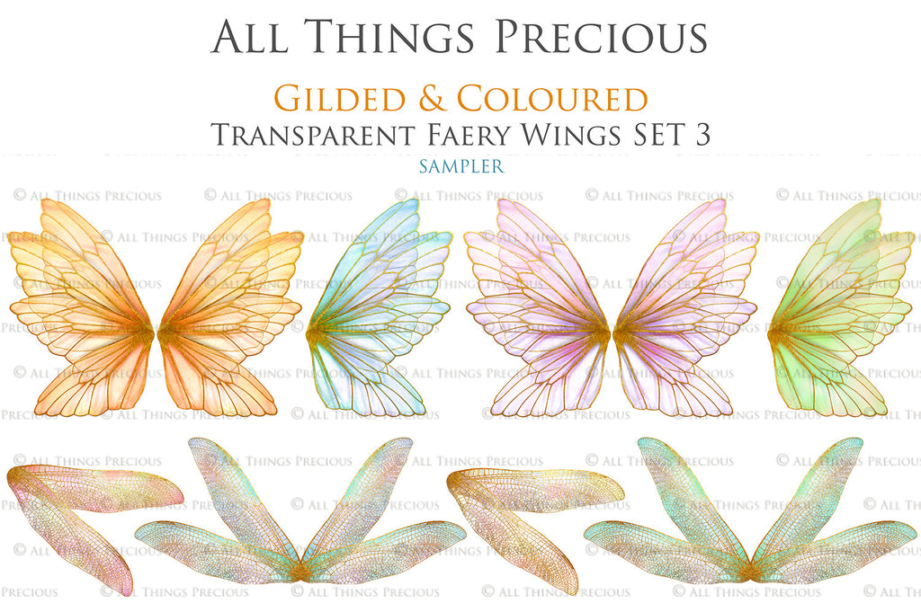 Colour Sparkling fairy wings, Png overlays for photoshop. High resolution transparent, see through wings. Fairycore, Cosplay, Photographers, Photoshop Edits, Digital overlay for photography. Digital stock and resources. Graphic design. Colourful, Gold, Fantasy Wing Bundle. Assets for Fine Art design. By ATP Textures