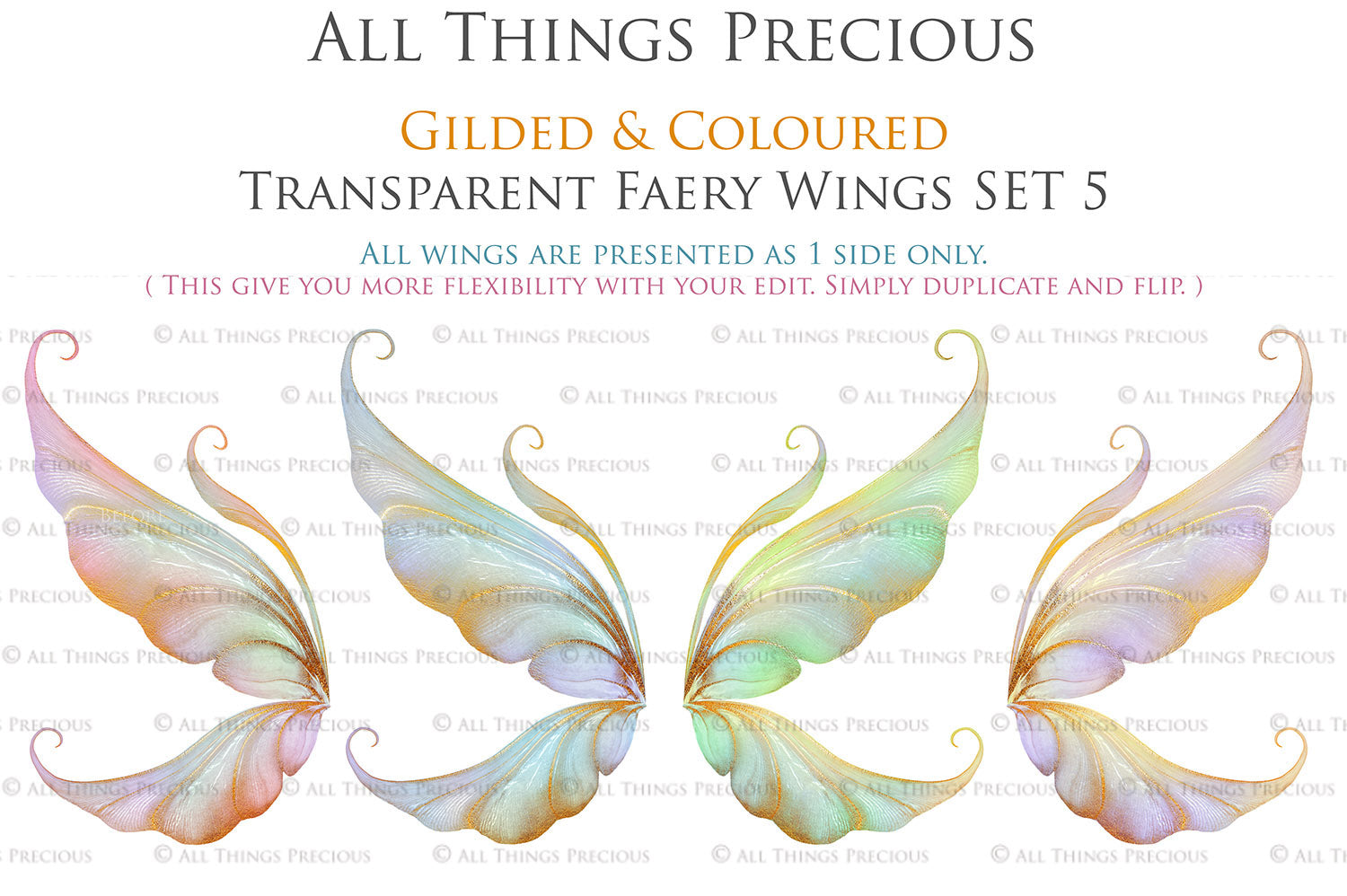 Colour Sparkling fairy wings, Png overlays for photoshop. High resolution transparent, see through wings. Fairycore, Cosplay, Photographers, Photoshop Edits, Digital overlay for photography. Digital stock and resources. Graphic design. Colourful, Gold, Fantasy Wing Bundle. Assets for Fine Art design. By ATP Textures