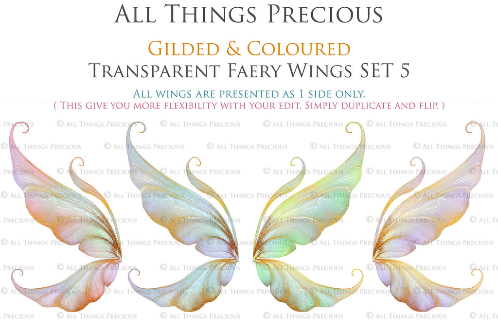 Colour Sparkling fairy wings, Png overlays for photoshop. High resolution transparent, see through wings. Fairycore, Cosplay, Photographers, Photoshop Edits, Digital overlay for photography. Digital stock and resources. Graphic design. Colourful, Gold, Fantasy Wing Bundle. Assets for Fine Art design. By ATP Textures