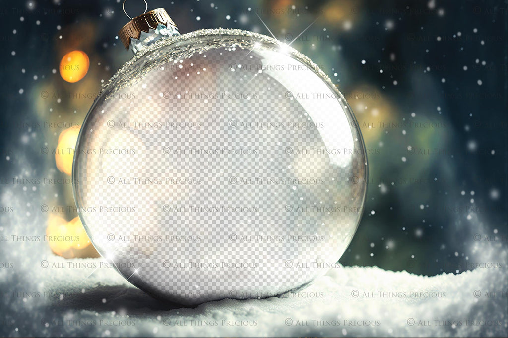 Christmas Glass Bauble Ornament Overlay and Background, with snow flurries and a PSD template included in the set.The globe is transparent, perfect for you to add your own images and retain the snow globe effect.This file is 6000 x 4000, 300dpi. Photography, Scrapbooking, Photo Overlays, Png, Jpeg, Psd. ATP Textures.