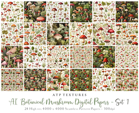 Digital scrapbooking paper. High resolution, Background, printable, print. Botanical mushroom Scrapbook, pattern. Seamless pattern. www.atptextures.com