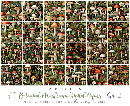 Digital scrapbooking paper. High resolution, Background, printable, print. Botanical mushroom Scrapbook, pattern. Seamless pattern.