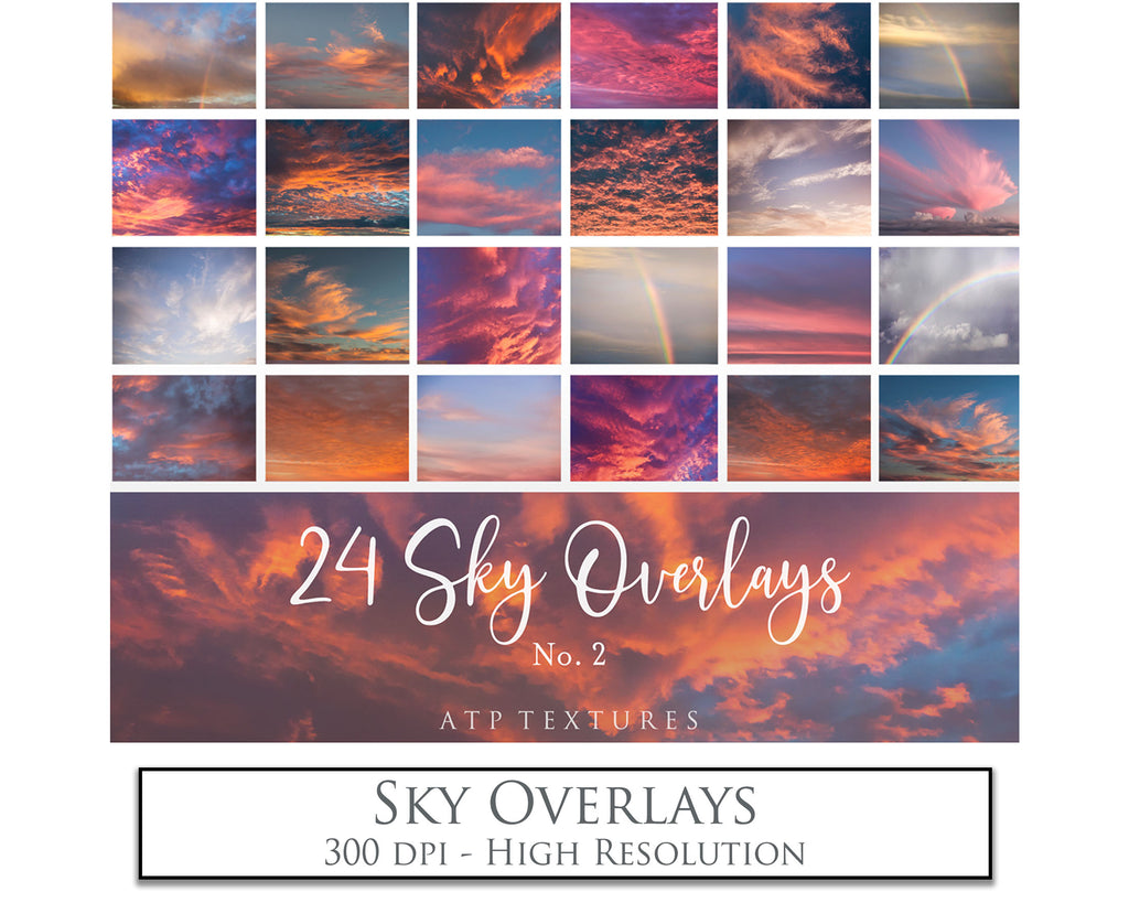 Vibrant Sky Overlays For Photographers, Photoshop, Digital art and Creatives. High resolution for photography and wall art print. These are gorgeous Photography overlays for fantasy digital art and Child portraiture. Landscape clouds with sunset, sunrise and flare. Graphic digital assets for design. Atp Textures