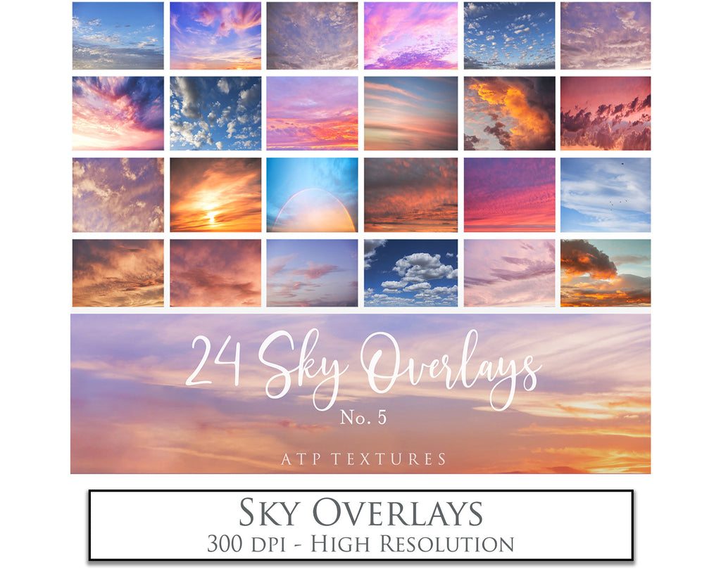 Vibrant Sky Overlays For Photographers, Photoshop, Digital art and Creatives. High resolution for photography and wall art print. These are gorgeous Photography overlays for fantasy digital art and Child portraiture. Landscape clouds with sunset, sunrise and flare. Graphic digital assets for design. Atp Textures