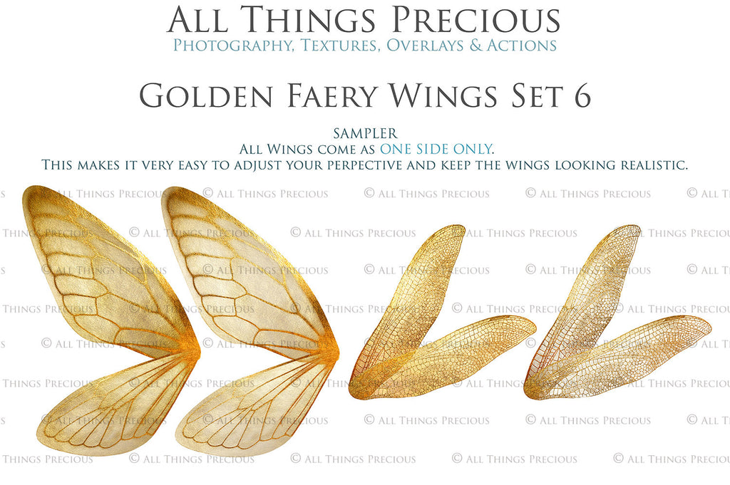 Golden fairy wings, Png overlays for photoshop. High resolution transparent, see through wings. Fairycore, Cosplay, Photographers, Photoshop Edits, Digital overlay for photography. Digital stock and resources. Graphic design. Colourful, Gold, Fantasy Wing Bundle. Assets for Fine Art design. By ATP Textures