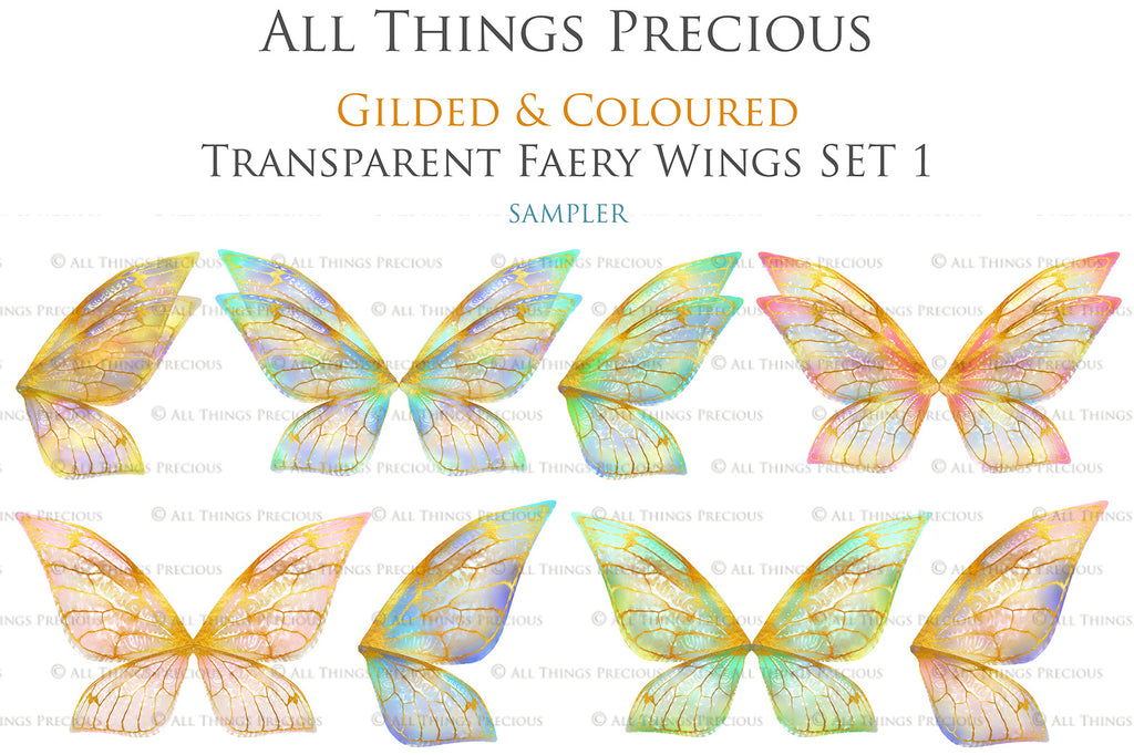 Colour Sparkling fairy wings, Png overlays for photoshop. High resolution transparent, see through wings. Fairycore, Cosplay, Photographers, Photoshop Edits, Digital overlay for photography. Digital stock and resources. Graphic design. Colourful, Gold, Fantasy Wing Bundle. Assets for Fine Art design. By ATP Textures