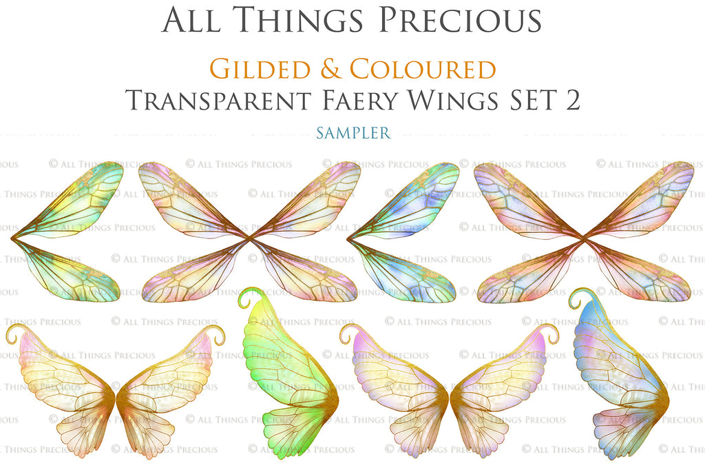 Colour Sparkling fairy wings, Png overlays for photoshop. High resolution transparent, see through wings. Fairycore, Cosplay, Photographers, Photoshop Edits, Digital overlay for photography. Digital stock and resources. Graphic design. Colourful, Gold, Fantasy Wing Bundle. Assets for Fine Art design. By ATP Textures