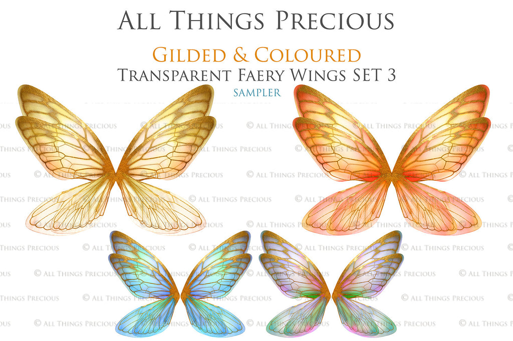 Colour Sparkling fairy wings, Png overlays for photoshop. High resolution transparent, see through wings. Fairycore, Cosplay, Photographers, Photoshop Edits, Digital overlay for photography. Digital stock and resources. Graphic design. Colourful, Gold, Fantasy Wing Bundle. Assets for Fine Art design. By ATP Textures