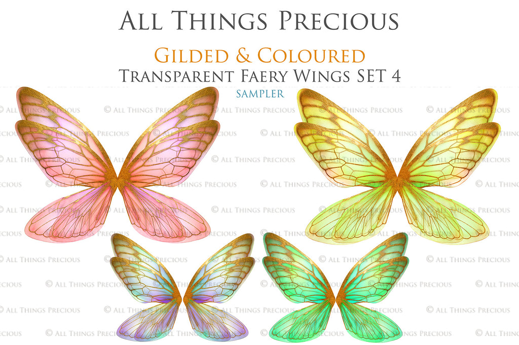 Colour Sparkling fairy wings, Png overlays for photoshop. High resolution transparent, see through wings. Fairycore, Cosplay, Photographers, Photoshop Edits, Digital overlay for photography. Digital stock and resources. Graphic design. Colourful, Gold, Fantasy Wing Bundle. Assets for Fine Art design. By ATP Textures