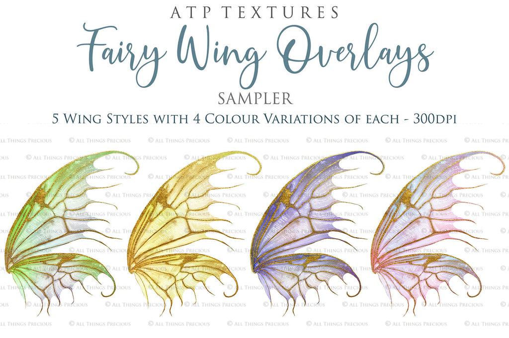 Colour Sparkling fairy wings, Png overlays for photoshop. High resolution transparent, see through wings. Fairycore, Cosplay, Photographers, Photoshop Edits, Digital overlay for photography. Digital stock and resources. Graphic design. Colourful, Gold, Fantasy Wing Bundle. Assets for Fine Art design. By ATP Textures