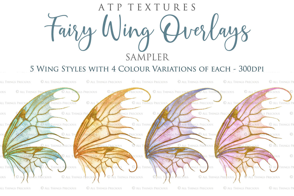 Colour Sparkling fairy wings, Png overlays for photoshop. High resolution transparent, see through wings. Fairycore, Cosplay, Photographers, Photoshop Edits, Digital overlay for photography. Digital stock and resources. Graphic design. Colourful, Gold, Fantasy Wing Bundle. Assets for Fine Art design. By ATP Textures