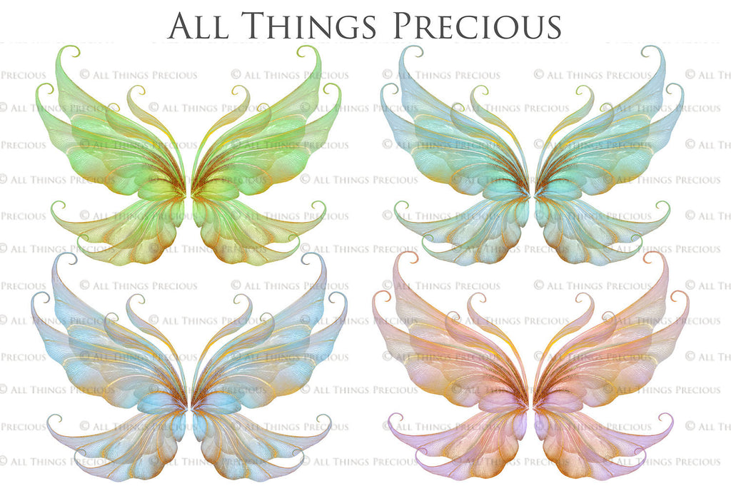 Colour Sparkling fairy wings, Png overlays for photoshop. High resolution transparent, see through wings. Fairycore, Cosplay, Photographers, Photoshop Edits, Digital overlay for photography. Digital stock and resources. Graphic design. Colourful, Gold, Fantasy Wing Bundle. Assets for Fine Art design. By ATP Textures