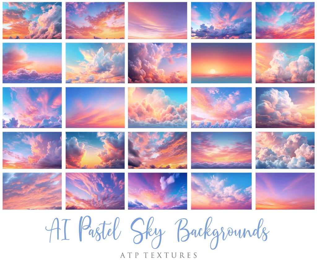 Pastel Clouds and Sky Overlays. Digital Backgrounds for Photographers. Add to your images for a dramatic sky effect. Each Digital file is 300dpi. All are 3500x6000.  These are in Jpeg format and high resolution. Find more at ATP Textures store!