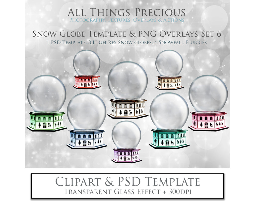 Digital Snow Globe Clipart with Overlays PSD Template.The globe is transparent. Add images. See through effect. Photoshop Photography Printable, Editable for Christmas with Frozen Winter Theme. Clear Glass graphic effects. ATP Textures