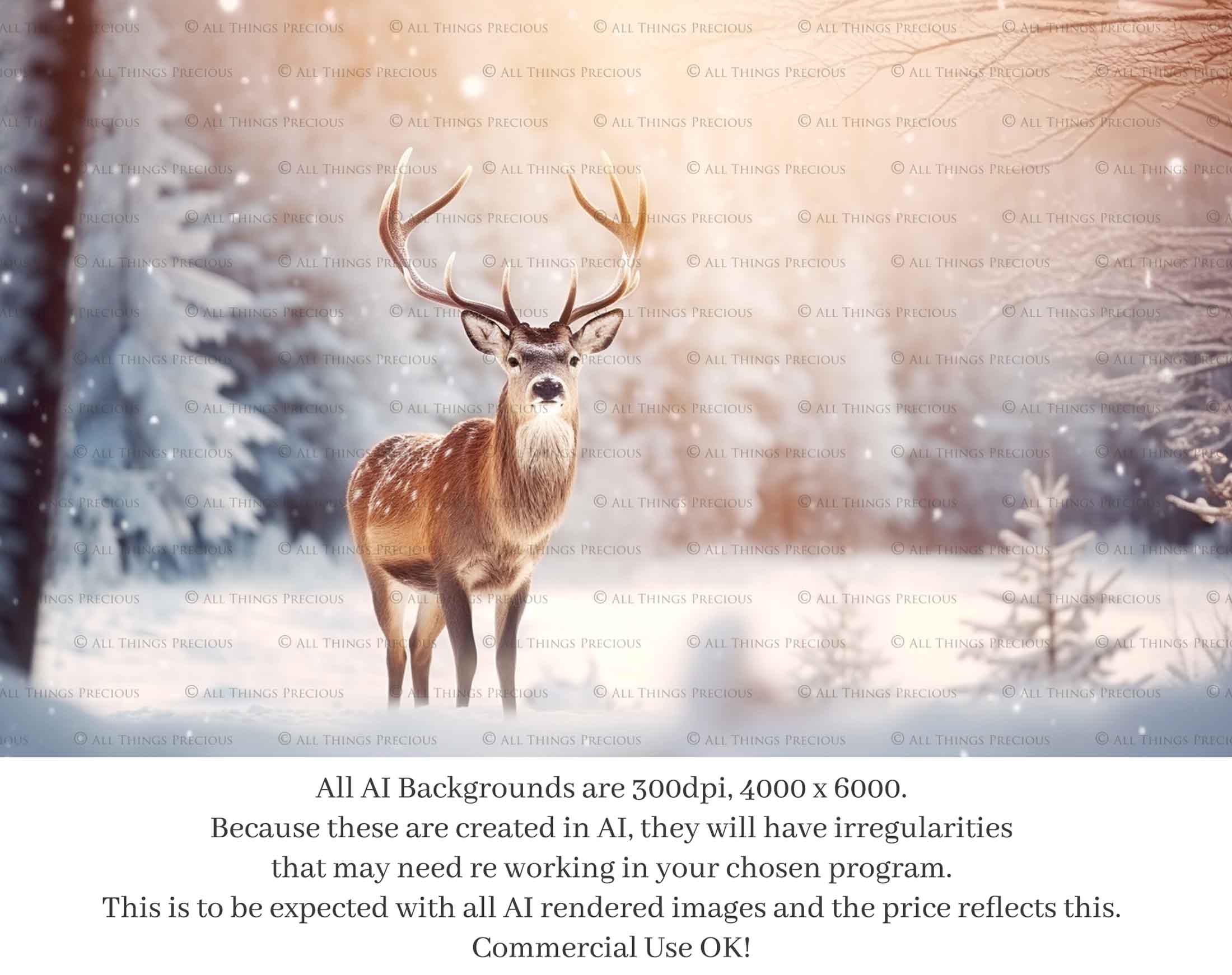 AI digital art for Scrapbooking, Photographers, Artists and Creatives.24 Jpeg Reindeer backgrounds.Each file is 300dpi. All are 4000x6000.They are in Jpeg format and high resolution.The files average between 7MB to 11MB each.You can print them as a backdrop, use as digital paper or a background for your photography.