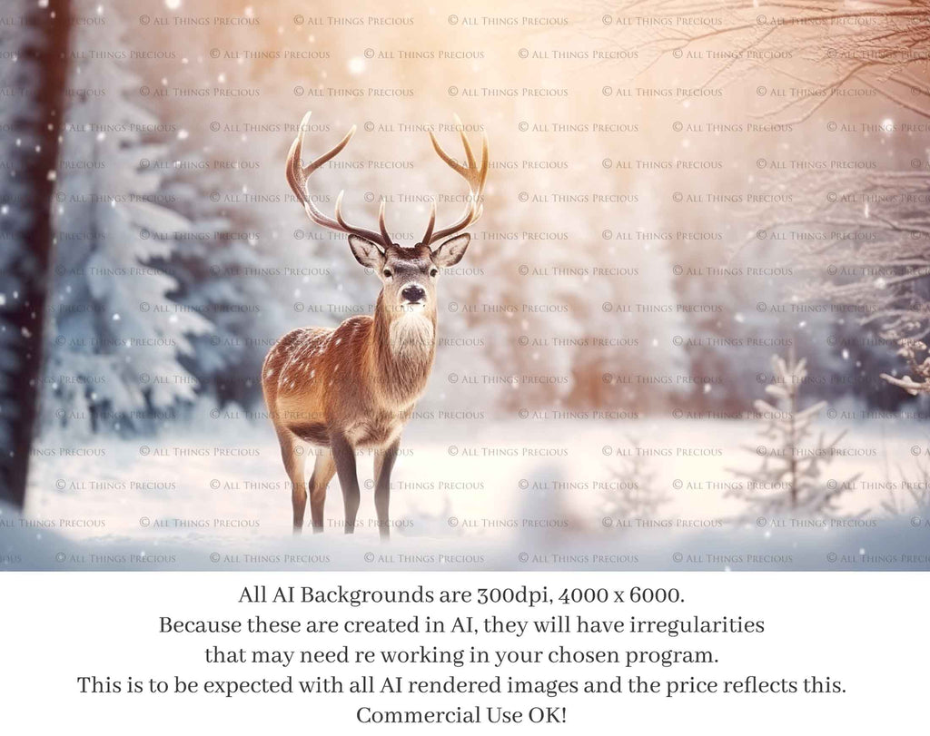 AI digital art for Scrapbooking, Photographers, Artists and Creatives.24 Jpeg Reindeer backgrounds.Each file is 300dpi. All are 4000x6000.They are in Jpeg format and high resolution.The files average between 7MB to 11MB each.You can print them as a backdrop, use as digital paper or a background for your photography.